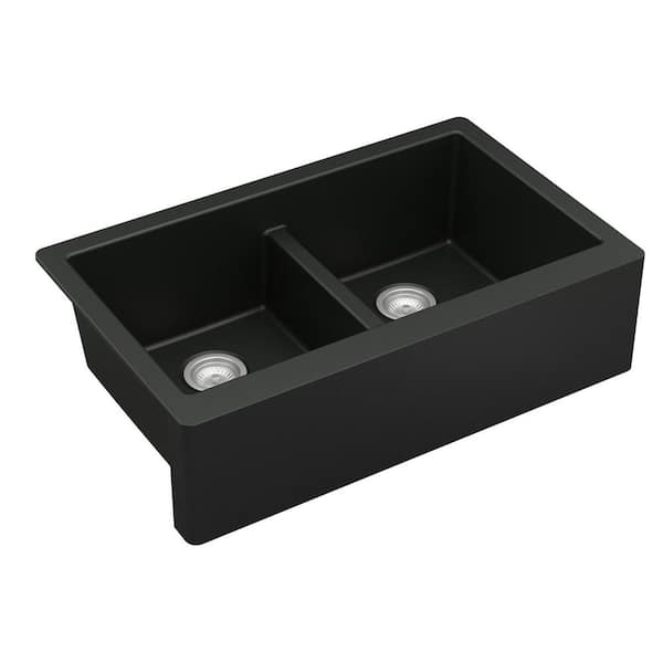 Farmhouse Apron Front Quartz Composite 34 in. Double Bowl Kitchen Sink in Black
