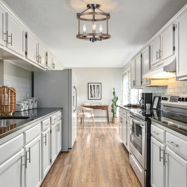 Modern Farmhouse Brown Drum Semi Flush Mount 3-Light Faux Wood Textured Candlestick Bedroom Living Room Ceiling Lighting