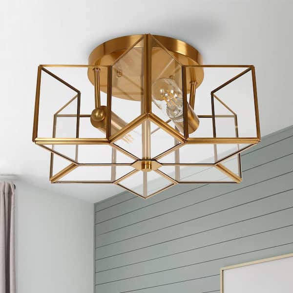 15.75 in. 2-Light Gold Vintage Unique Semi Flush Mount Ceiling Light with Glass Shade for Hallway Bedroom