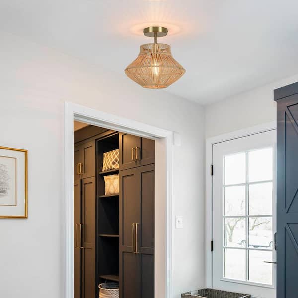 D 12 in. x H 11.3 in. 1-Light Brass/Wheat Bohemian Rattan Semi-Flush Mount Ceiling Light