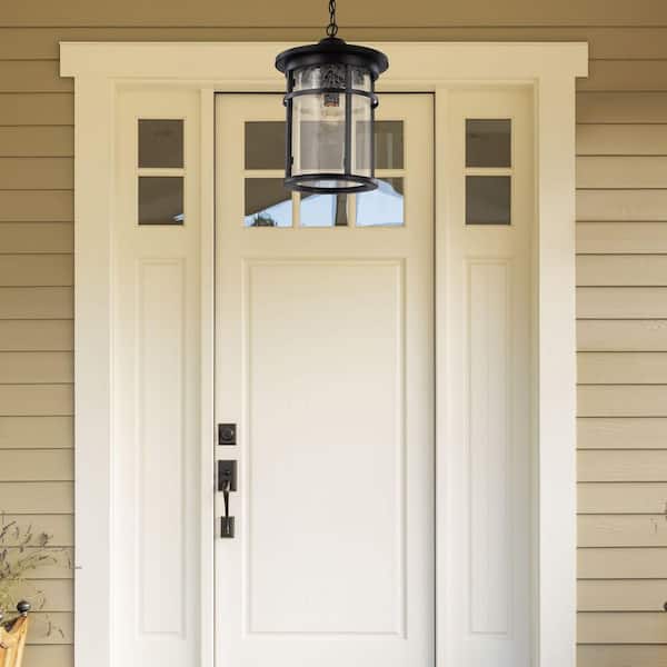 Avalon 11 in. 1-Light Black Hanging Outdoor Pendant Light Fixture with Clear Crackled Glass