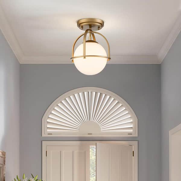 Fragoso 8.66 in. 1-Light Brass Semi Flush Mount Light with Opal Glass