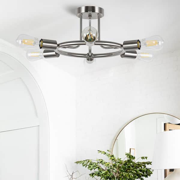 18.31 in. 6-Light Brushed Nickel Modern Sputnik Semi Flush Mount Ceiling Light, Wagon Wheel Design Chandelier Hallway