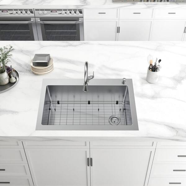 AIO Dolancourt Tight Radius Drop-In/Undermount 18G Stainless Steel 33 in. Single Bowl Kitchen Sink with Pull-Down Faucet