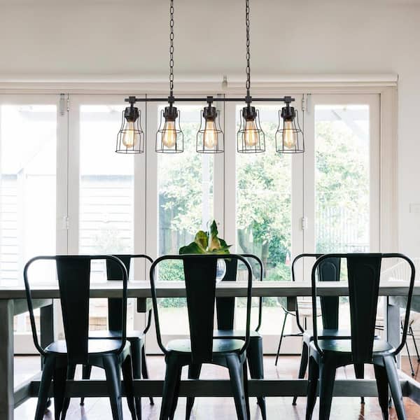 Modern Industrial Black Island Chandelier 5-Light Linear Large Hanging Pendant light with Geometric Metal Cage Shades