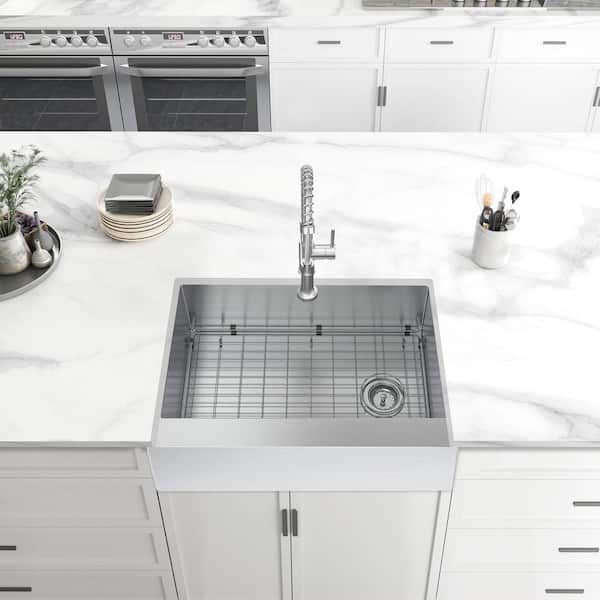 Professional 27 in All-in-One Farmhouse/Apron-Front 16G Stainless Steel Single Bowl Kitchen Sink with Spring Neck Faucet