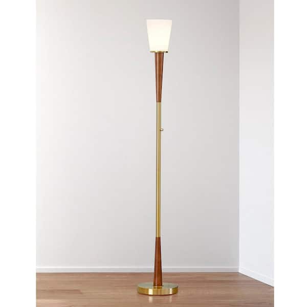 Century 72 in. Antique Brass Finish Wood Torchiere Floor Lamp Dimmer Switch with LED Bulb Included