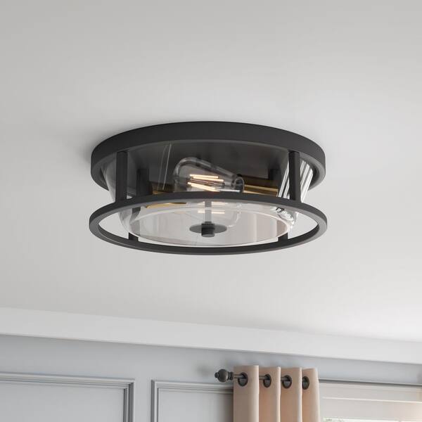 13 in. 2-Light Industrial Black Flush Mount Ceiling Light Fixture with Glass Shade