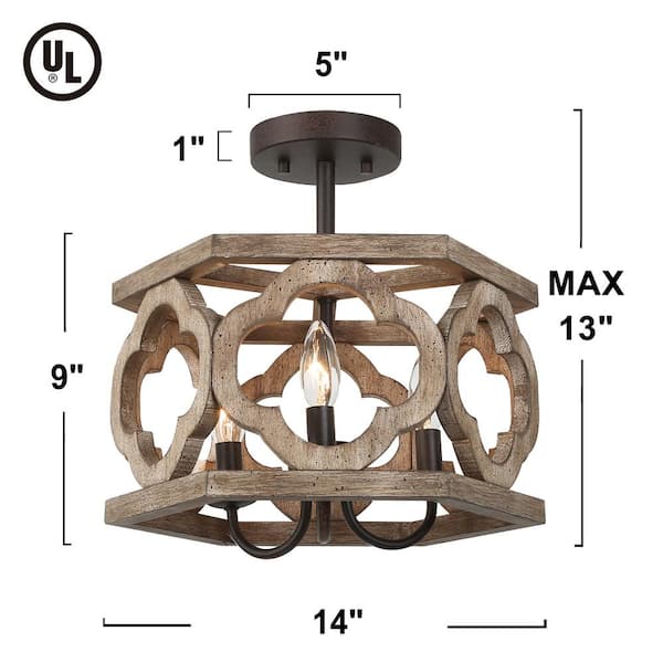 Farmhouse Antique Wood Drum Semi-Flush Mount 3-Light Rustic Kitchen Island Ceiling Lamp with Rusty Bronze Candle Holders