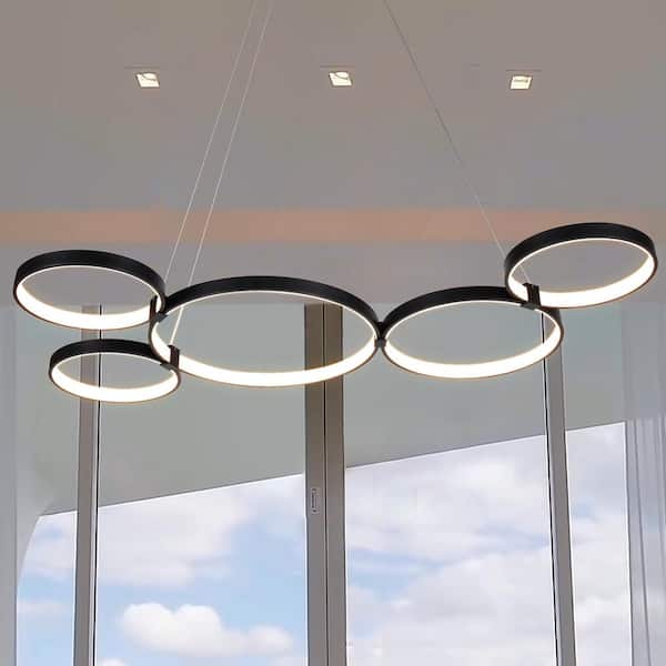 Capella 80-Watt ETL Certified Integrated LED Black Chandelier Height Adjustable 50 in. Pendant Light with 5 LED Circles