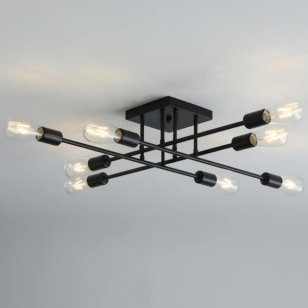 27.1in. 8-Light Black Sputnik Modern Linear Semi-Flush Mount
