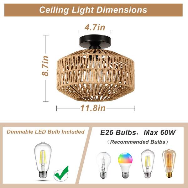 11.8 in. 1-Light Brown Rattan LED Semi-Flush Mount Light with Dimmable LED Bulb