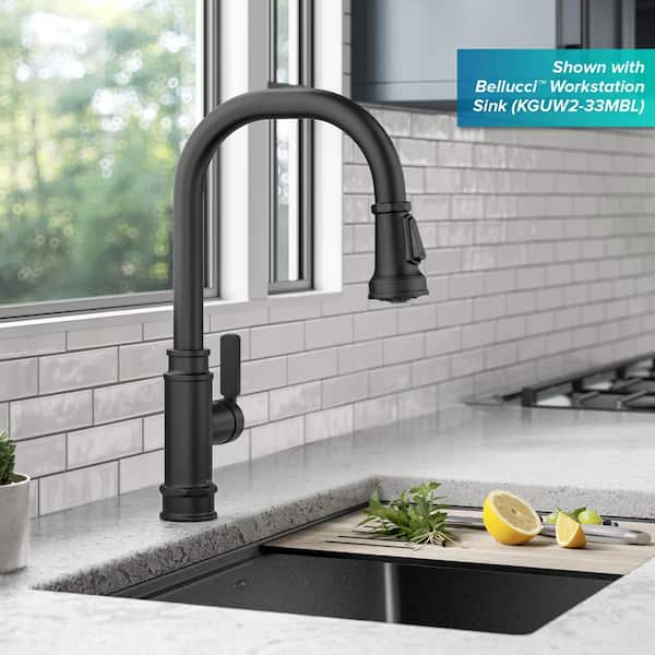 Allyn Transitional Industrial Pull-Down Single Handle Kitchen Faucet in Matte Black
