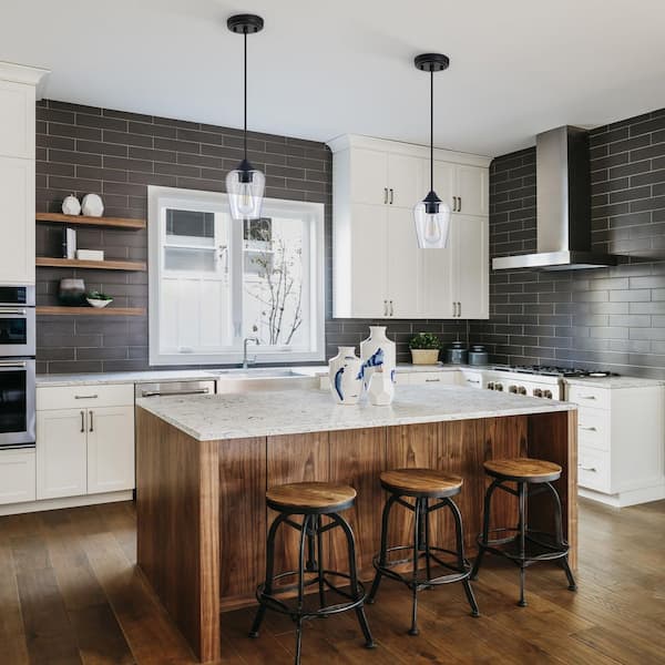 1-Light Matte Black Pendant Light Glass Goblet Shade