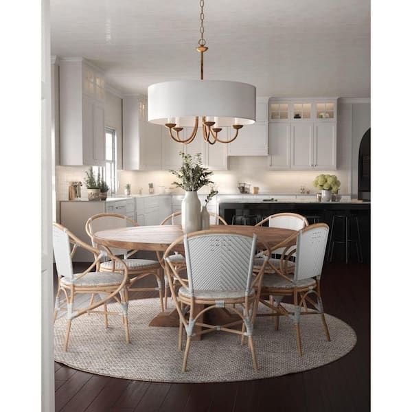 Drum Shade 5-Light Brushed Bronze White Fabric Shade New Traditional Chandelier Light