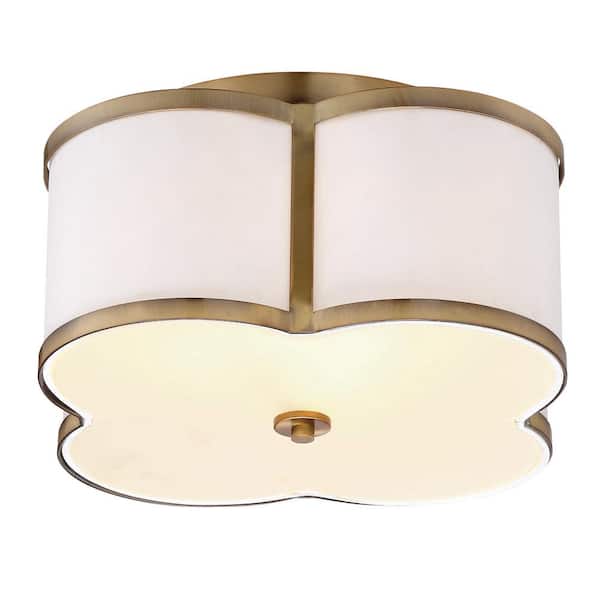 16 in. W x 8 in. H 3-Light Natural Brass Semi-Flush Mount Ceiling Light with White Fabric Shade