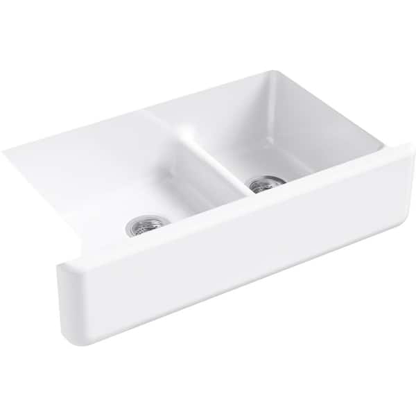 Whitehaven SmartDivide Undermount Farmhouse Tall Apron Front 36 in. Double Bowl Kitchen Sink White with Basin Racks