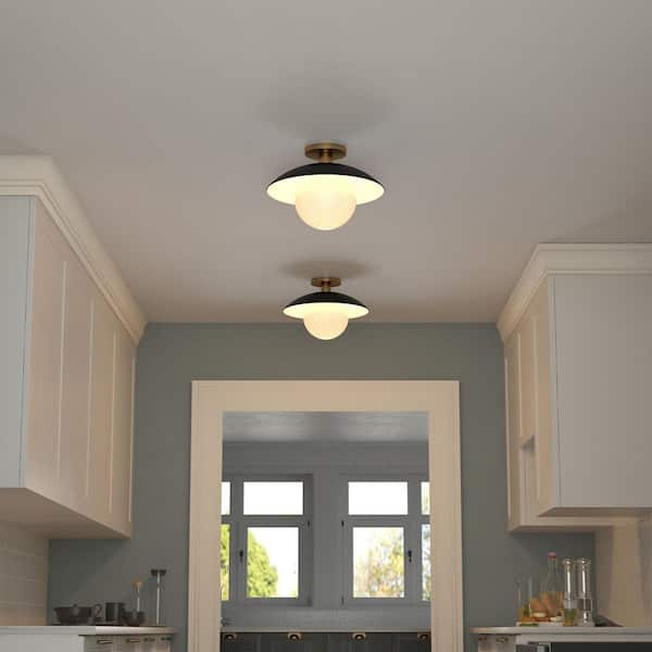 Alvia 14.5 in. Brass Matte Black and White Metal Semi-Flush Mount