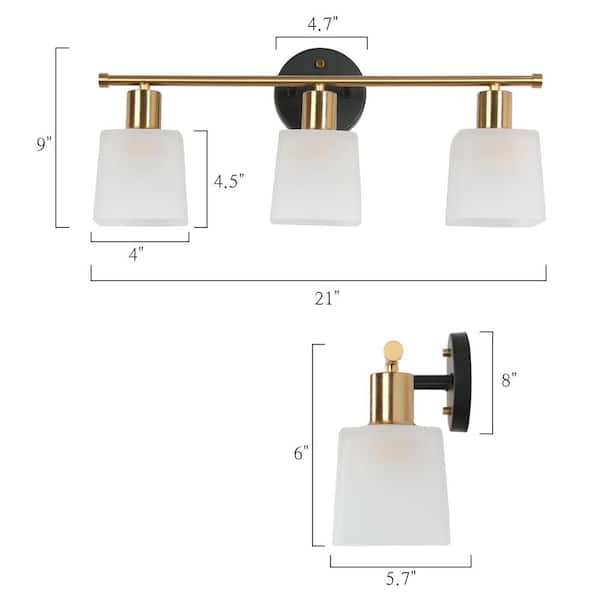 Modern Bathroom Vanity Light, 3-Light Black and Gold Powder Room Wall Sconces with Square Frosted Glass Shades