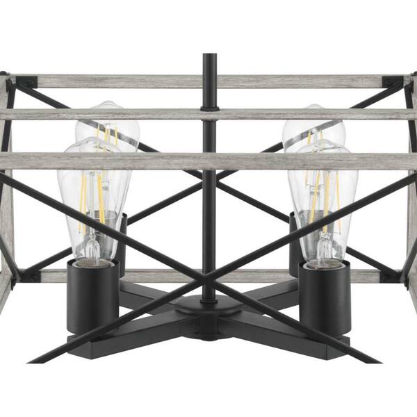 Madison Landing 4-Light Caged Matte Black Rectangular Pendant Hanging Light with Washed White Farmhouse Wood Accents