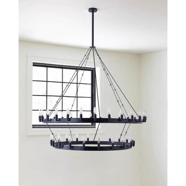 55.1 in. 48-Light Farmhouse Black 2-Tier Wagon Wheel Candle Chandelier Round Industrial Pendant Lighting