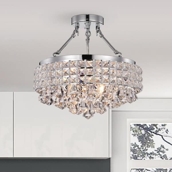 Alyvia 15 in. 4-Light Chrome Glam Semi-Flush Mount with Beaded Drum Shade and Hanging Crystals