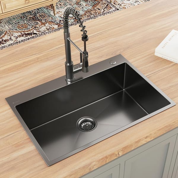 30 in. Gunmetal Black Stainless Steel Drop-in Single Bowl Kitchen Sink with Accessories