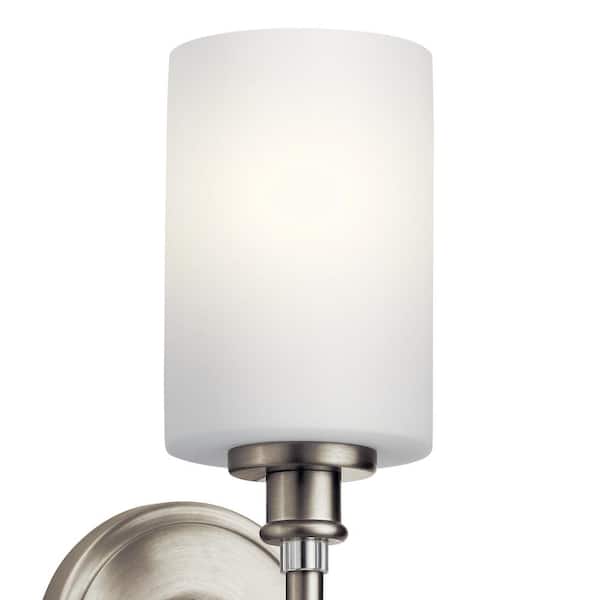 Joelson 5 in. 1-Light Brushed Nickel Transitional Bathroom Wall Sconce with Satin Etched Cased Opal Shade
