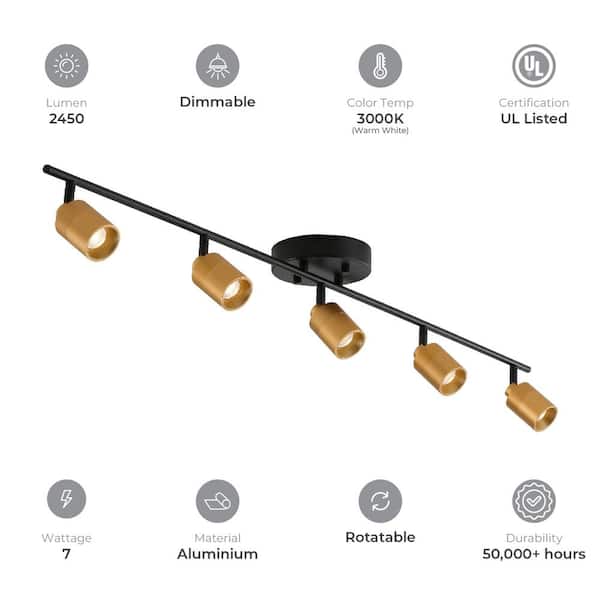 4 ft. 2450 Lumens Black and Brass Modern LED Track Light, 7-Watt 5-Bulb Fixed Rail with Rotating Heads, 3000K