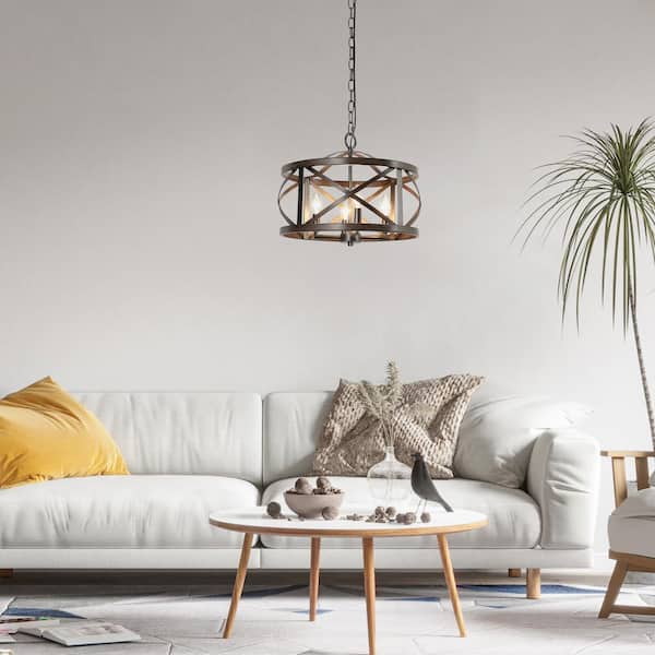 4-Light Rust Black Drum Cage Candlestick Island Chandelier with Faux Wood Accents