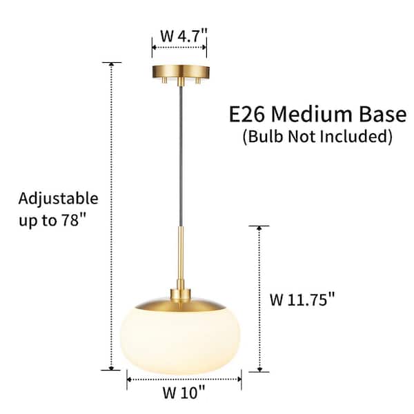 1-Light Opal Glass Pendant Light in Antique Brass Finish