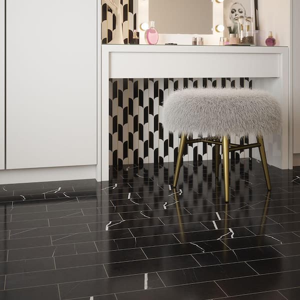 Jubilee White/Black 11.875 in.x 9.375 in.Polished Thassos/Nero Marquina Marble/Gold Metal Mosaic Tile(7.73 sq. ft./Case)