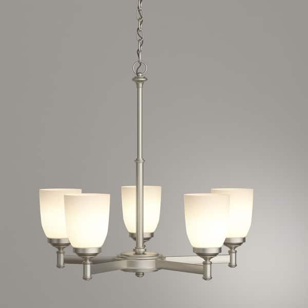 5-Light Brushed Nickel Chandelier with Frosted Glass Shades