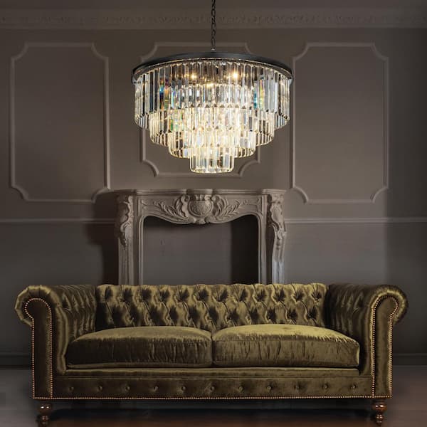 32in. 8-Light Modern Matte Black 4-Tier Round Crystal Fringe Chandelier for Dining Room