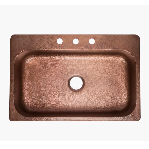 Angelico 33 in. 3-Hole Drop-In Single Bowl 17 Gauge Antique Copper Kitchen Sink