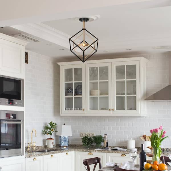 3-Light Black Gold Sputnik Geometric Modern Industrial Caged kitchen Semi-Flush Mount Chandelier for Dining Room