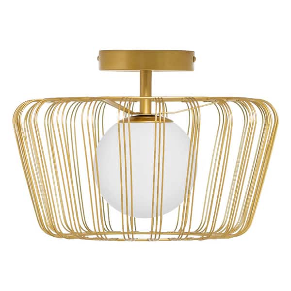 Murray 13 in. Gold Metal Semi-Flush Mount Ceiling Light with Frosted Glass Globe Shade