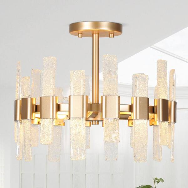 Modern Kitchen Chandelier Ceiling Light, 14.2 in. 3-Light Gold Drum Cylinder Semi-Flush Mount with Ice Glass Strips