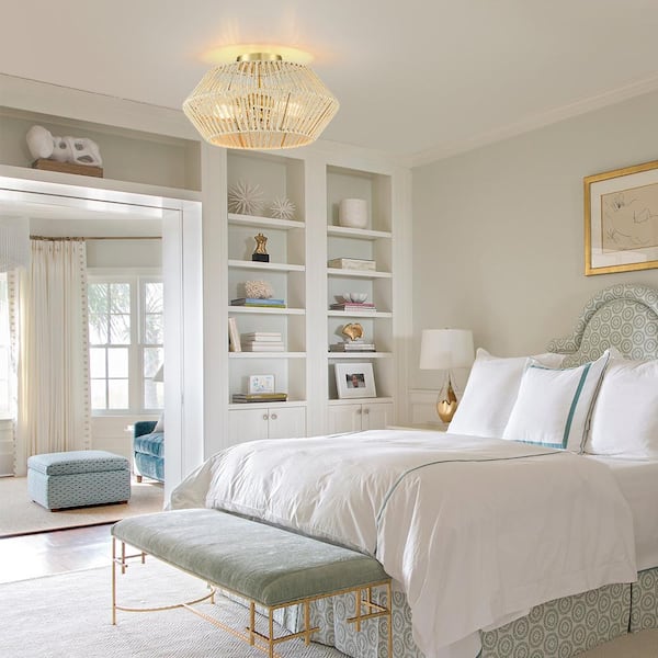 Bohe 16 in. 2-Light Brass/Beige Bohemian Woven Rope Semi-Flush Mount Ceiling Light