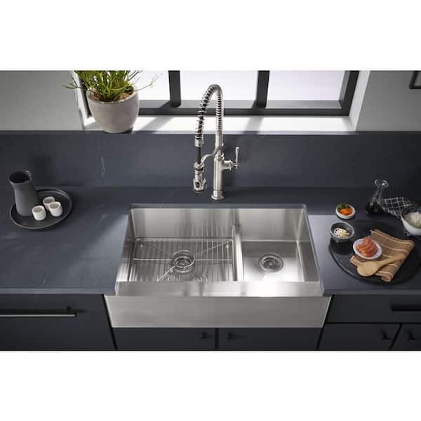 Strive Farmhouse Apron Front Undermount Stainless Steel 36 in. Double Basin Kitchen Sink with Basin Rack
