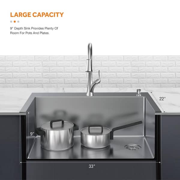 AIO Dolancourt Tight Radius Drop-In/Undermount 18G Stainless Steel 33 in. Single Bowl Kitchen Sink with Pull-Down Faucet