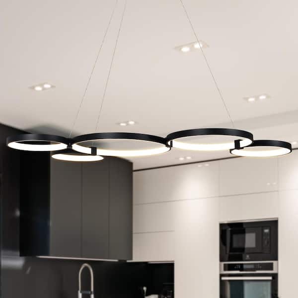 Capella 80-Watt ETL Certified Integrated LED Black Chandelier Height Adjustable 50 in. Pendant Light with 5 LED Circles
