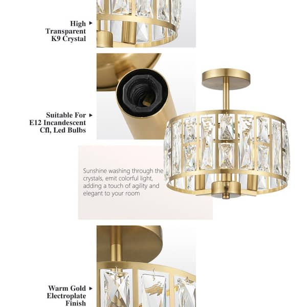 12 in. 3-Light Round Modern Gold Drum Semi Flush Mount Ceiling Light with Clear Crystal Glass