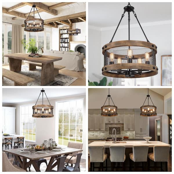Wood Drum Chandelier 5-Light Brown Candle Black Rustic Farmhouse Chandelier Pendant Dining Room Industrial Chandelier