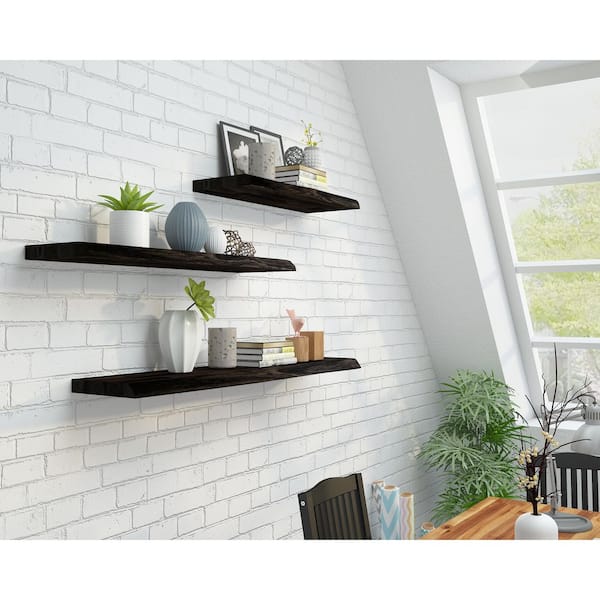 Solid Acacia 3 ft. L x 10 in. D x 1.5 in. T, Butcher Block Countertop Floating Wall Shelf, Espresso with Live Edge