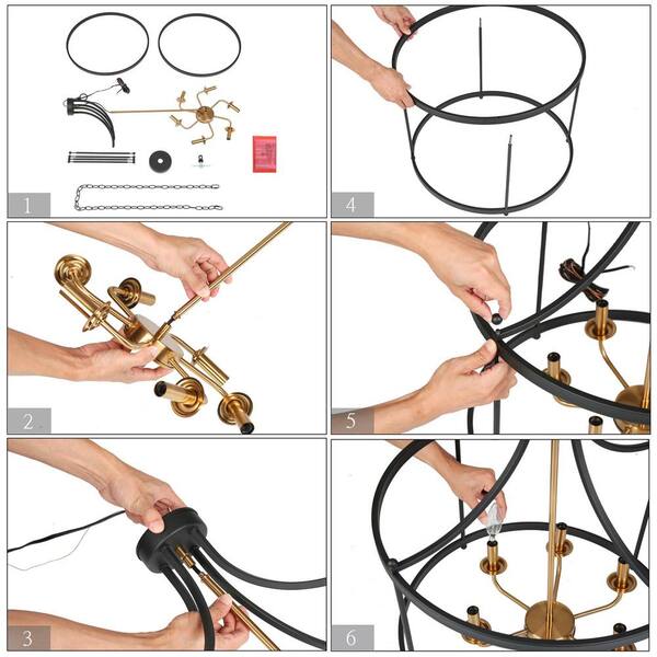 LEPETOS Modern Farmhouse 6-Light Matte Black Chandelier Drum Island Ceiling Light with Brass Candlestick Lamp Holders