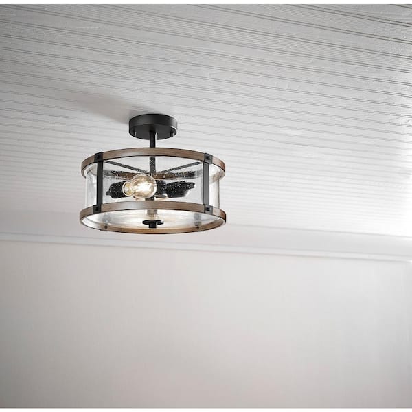 Richland 2-Light Grey Wood Semi Flush Mount Clear Seedy Glass