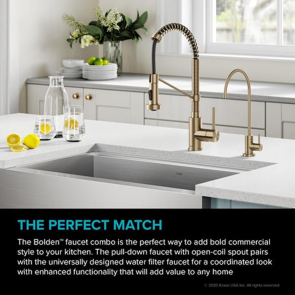 Bolden Single Handle Pull-Down Kitchen Faucet and Purita Beverage Faucet in Brushed Gold