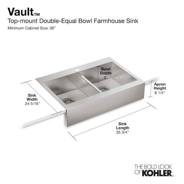 Vault Drop-In Farmhouse Apron Front Self-Trimming Stainless Steel 36 in. 4-Hole Double Bowl Kitchen Sink