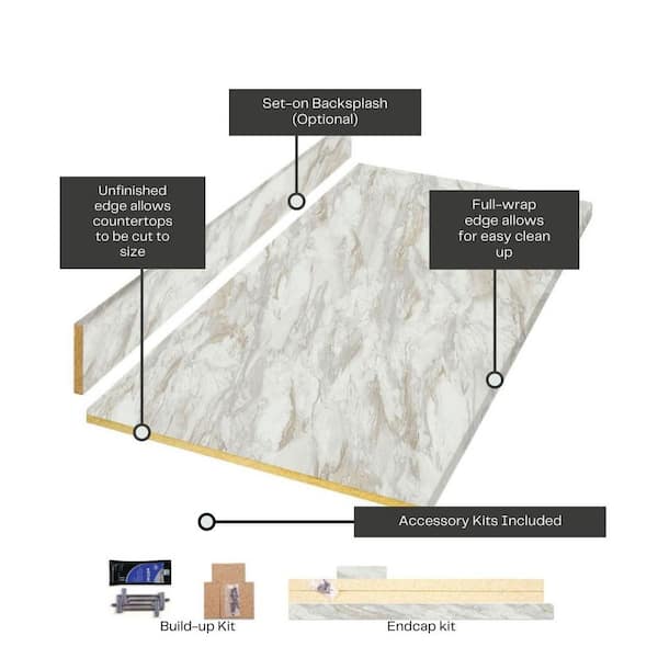 Wilsonart 4 ft. Straight Laminate Countertop Kit Included in Textured Drama Marble with Eased Edge and Backsplash